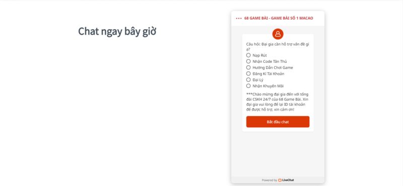 Chăm sóc khách hàng 68 game bài qua Live Chat